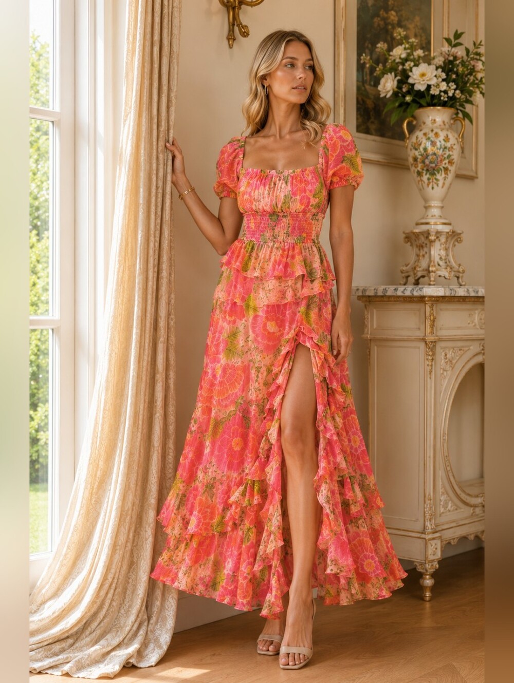 Farm Rio Floral Ruffle Maxi Dress Puff Sleeves Pink/Coral Blooming Floral M Boho
